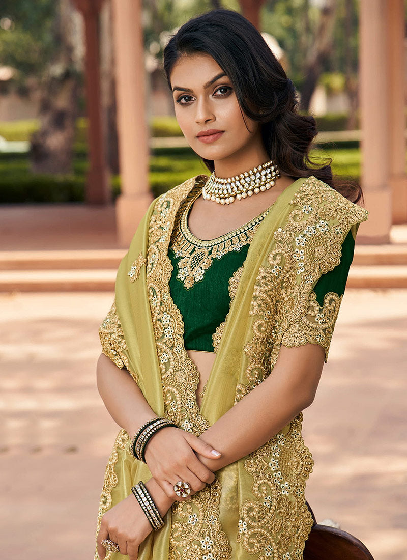 Lime And Green Indian Silk Saree