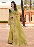 Lime And Green Embroidered Indian Silk Saree
