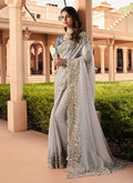 Pale Grey Two Tone Embroidered Indian Silk Saree