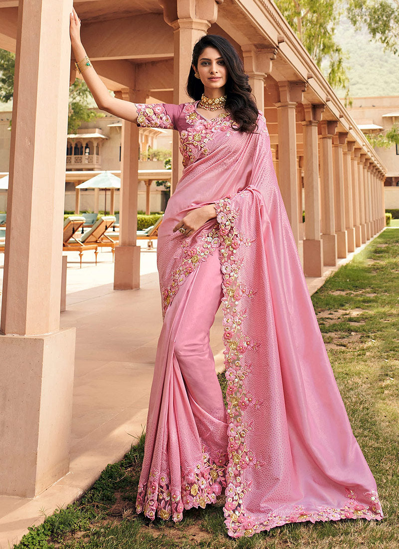 Buy Soft Pink Two Tone Embroidered Indian Silk Saree In Uk online
