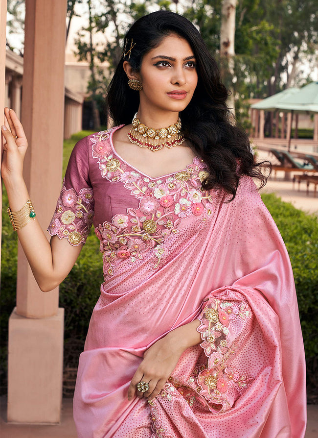 Soft Pink Embroidered Indian Silk Saree