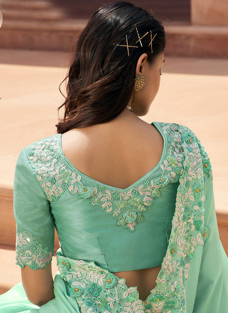 Buy Mint Green Embroidered Party Wear Indian Silk Saree In Usa online