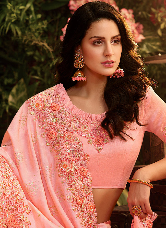 Pink Floral Pallu Designer Saree With Blouse