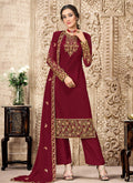 Red Traditional embroidered Pant Style Suit