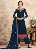 Navy Blue Traditional Embroidered Pant Style Suit