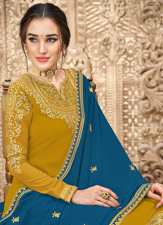 Yellow And Blue Traditional Pant Style Suit In Canada