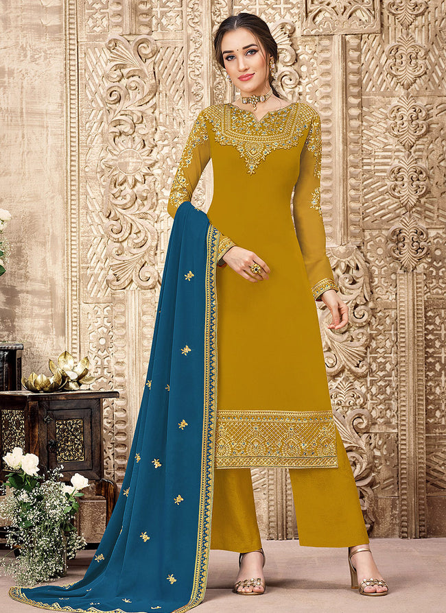 Yellow And Blue Traditional Embroidered Pant Style Suit