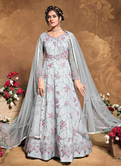 Grey With Pink Embroidered Wedding Anarkali Suit