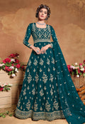 Turquoise Golden Embroidered Wedding Anarkali Suit