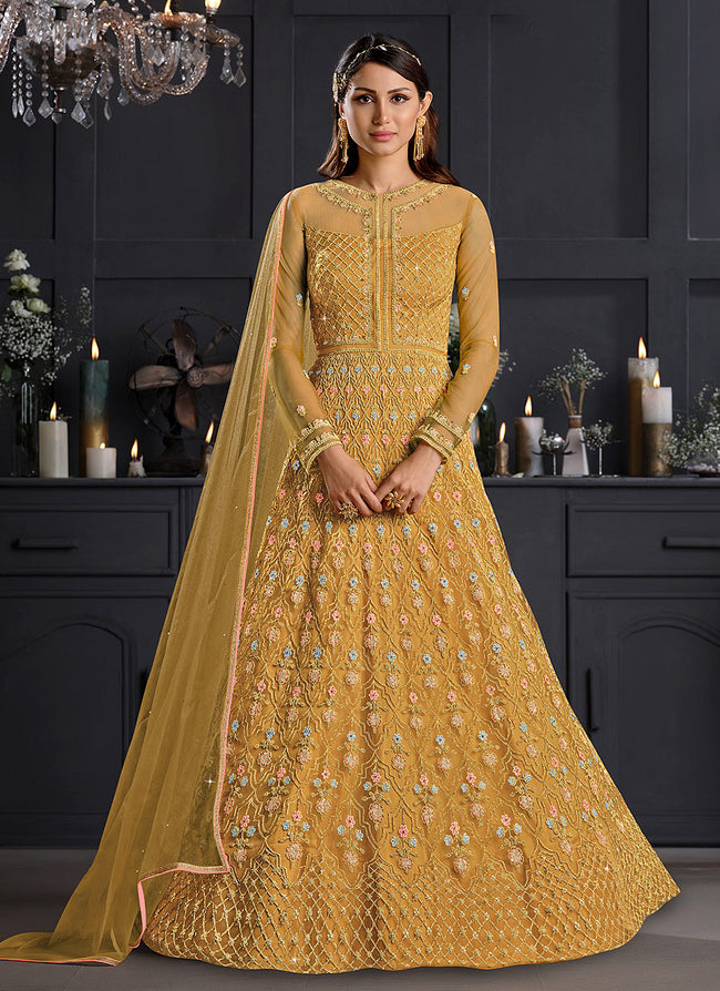 Yellow Floral Embroidered Indian Designer Anarkali