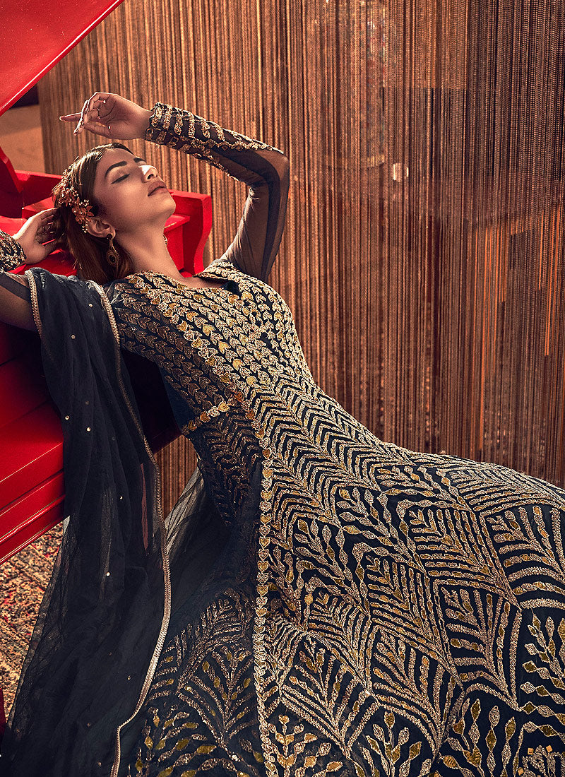 Indian Dresses - Navy Blue And Golden Anarkali Gown