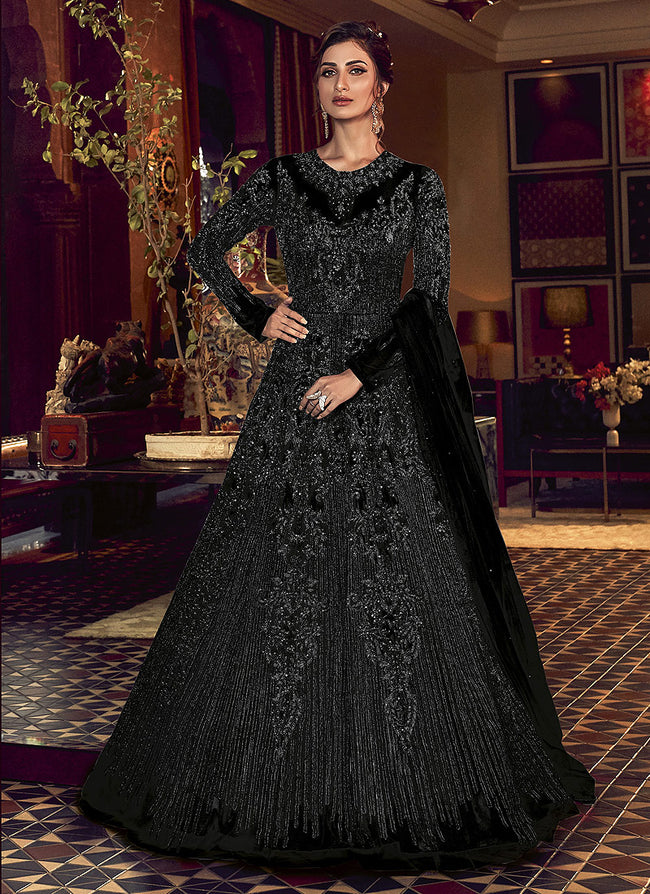 VeroniQ Trends-Bollywood Style Royal Black Georgette Long-Anarkali Gown-Sequins  Work-Black Dupatta-Indian Party Wear-Anarkali Suit-VF - VeroniQ Trends