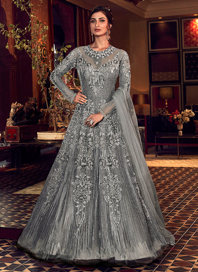 Grey Wedding Anarkali Gown