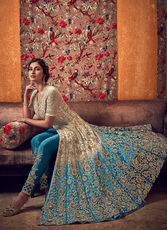 Indian Dresses - Golden And Blue Zari Anarkali Lehenga/Pant Suit