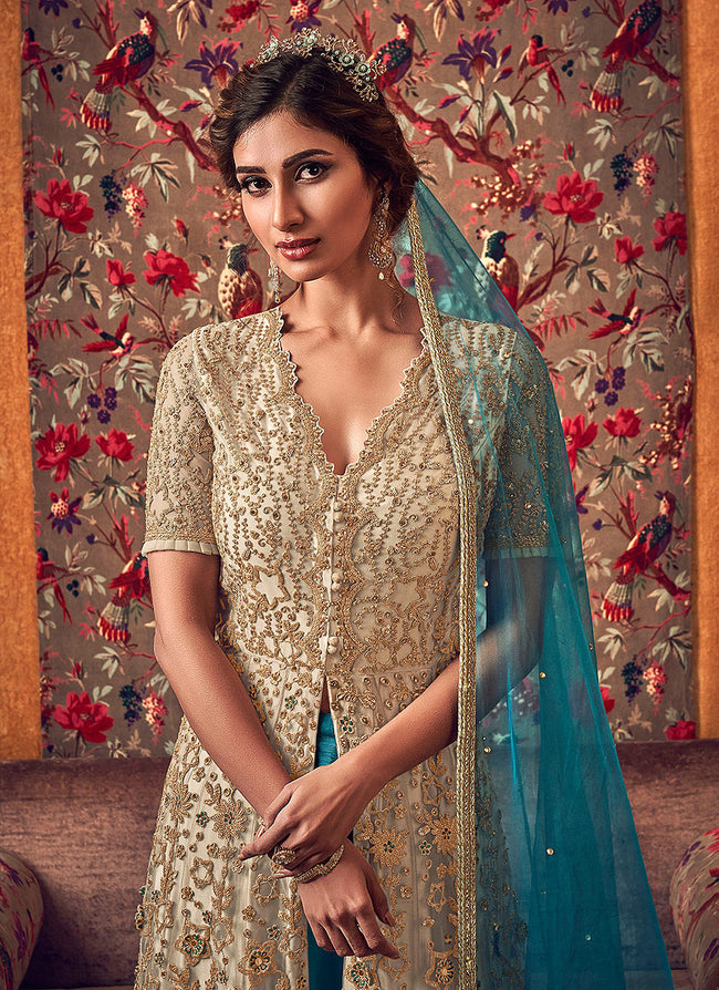 Indian  Clothes - Golden And Blue  Anarkali Suit