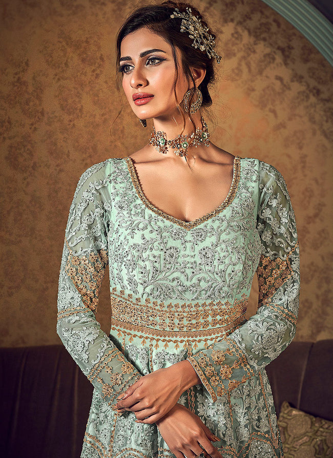 Indian Dresses - Mint Green Golden Jacket Style Anarkali Gown