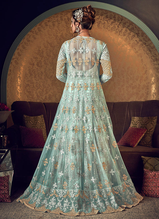Indian Suits - Mint Green Golden Embroidered Anarkali Gown