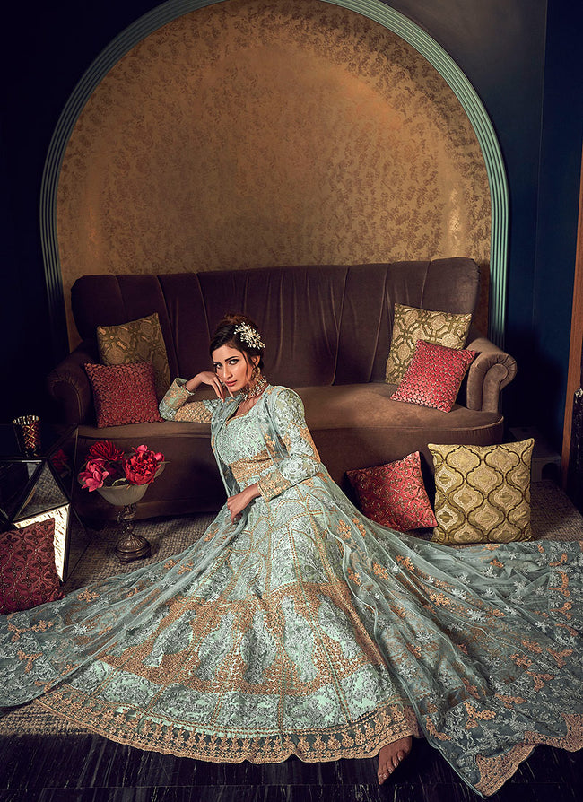 Indian Clothes - Mint Green Golden Anarkali Gown