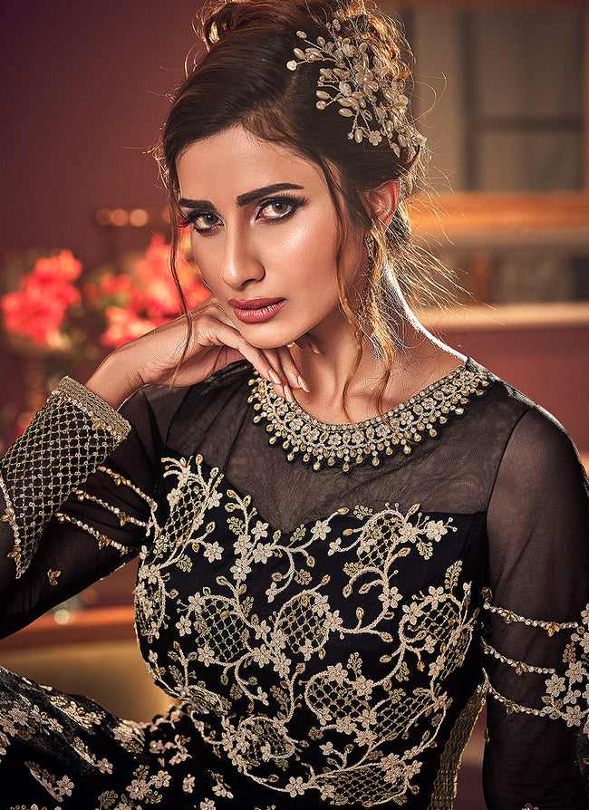 Indian Dresses - Black Golden Zari Anarkali Suit