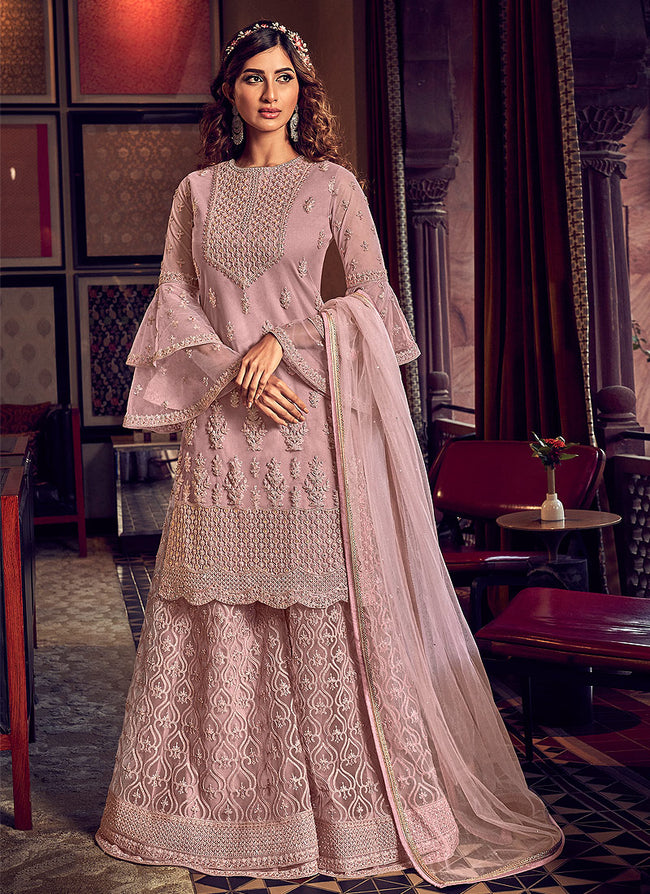 Rose Pink Velvet Embroidery Work Sharara Suit With Dupatta