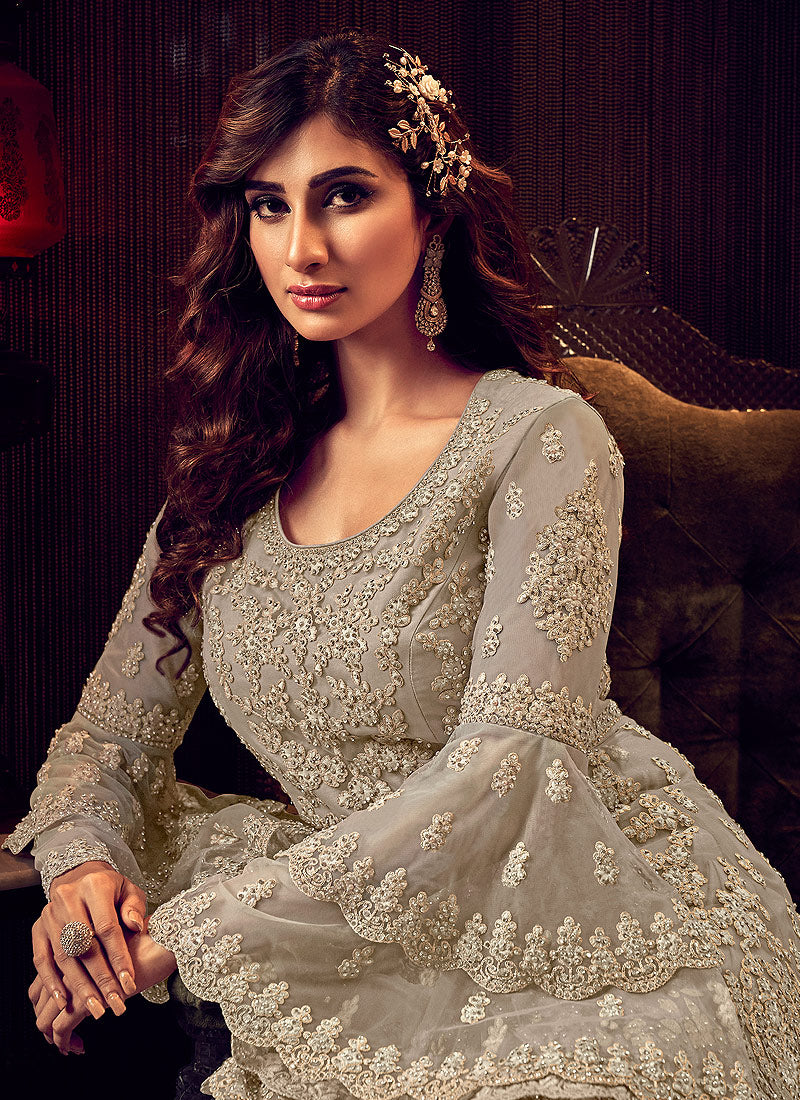 Indian Clothes - Silver Grey Embroidered Sharara Suit