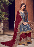 Indian Clothes - Maroon And Blue Designer Palazzo Suit