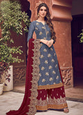 Maroon And Blue Designer Palazzo Suit
