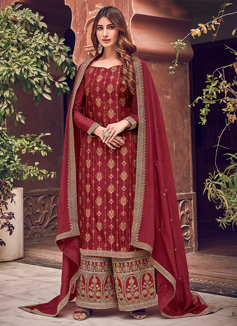 Red Rayon Slub Suit Palazzo