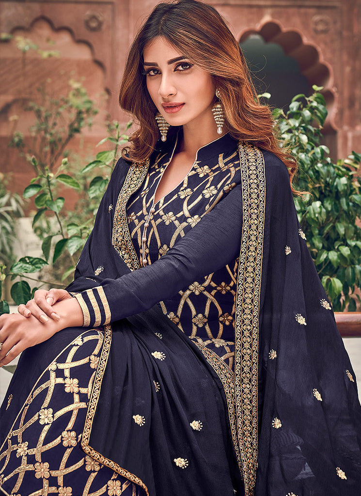 Indian Clothes - Blue Designer Embroidered Palazzo Suit