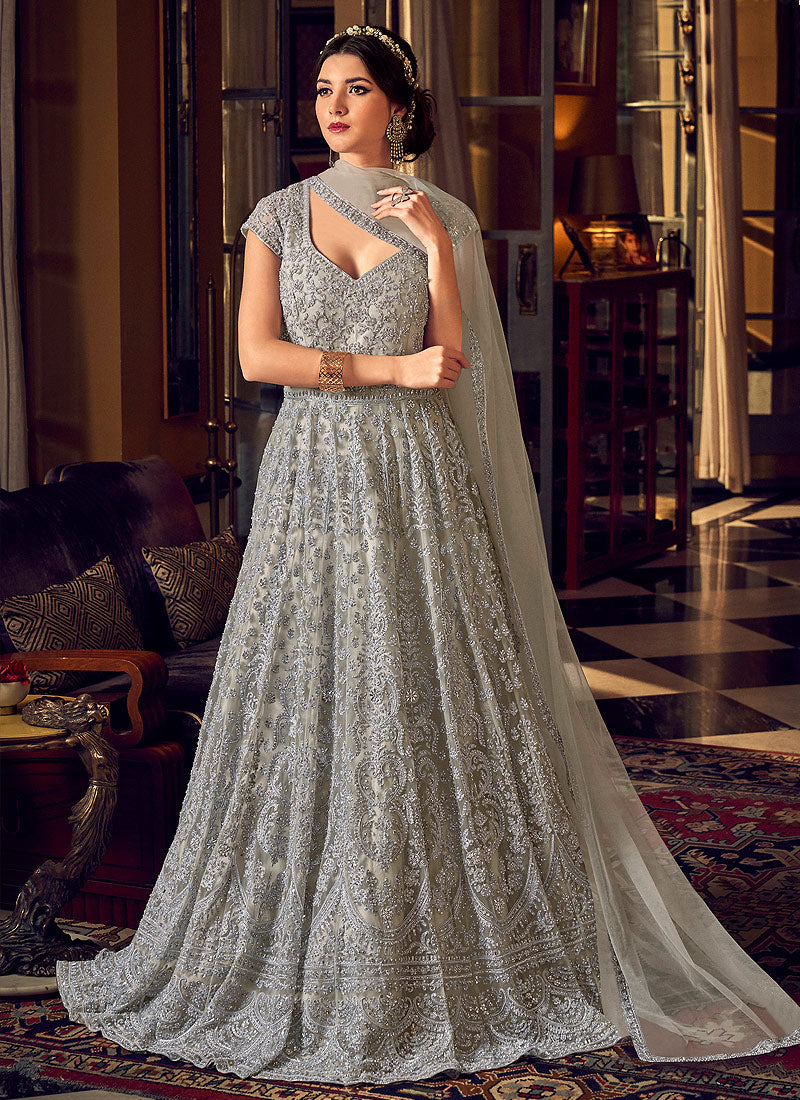 Light Grey Multi Embroidered Anarkali Pant Suit