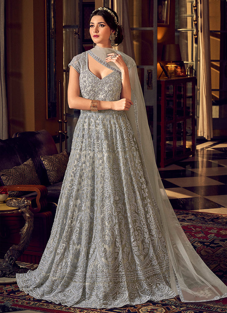 Light Grey Multi Embroidered Anarkali Pant Suit