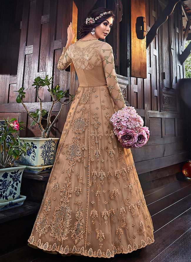 Copper Floral Embroidered Anarkali Suit With Jacket, Salwar Kameez