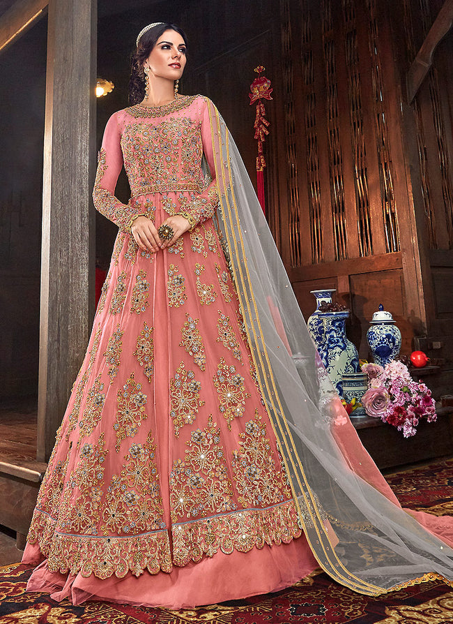 Peach And Grey Floral Anarkali Style Lehenga Pant Suit