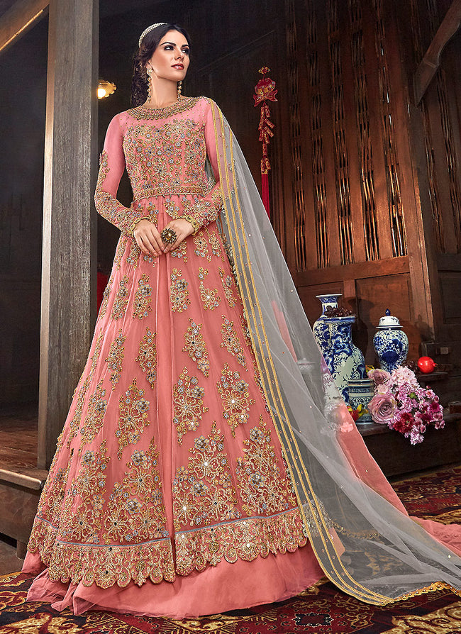 Indian Clothes - Peach And Grey Floral Anarkali Style Lehenga/Pant Suit