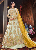 Indian Clothes - Offwhite And Yellow Floral Anarkali Style Lehenga/Pant Suit