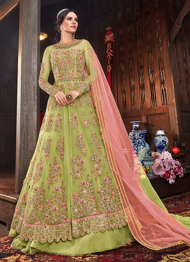 Indian Clothes - Green Floral Anarkali Style Lehenga/Pant Suit