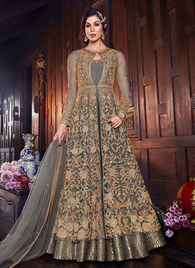 Indian Clothes - Grey And Golden Zari Embroidered Anarkali Suit