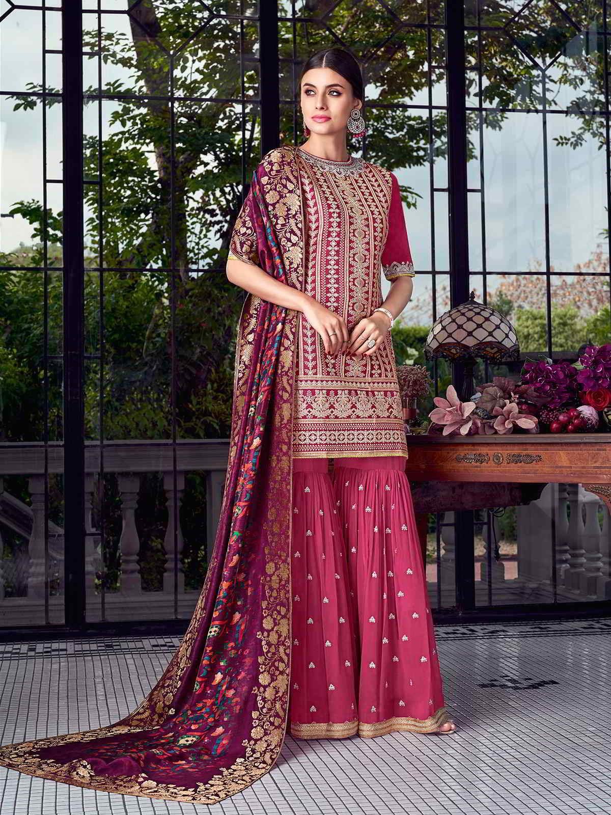 Deep Pink Lucknowi Sharara Palazzo Suit