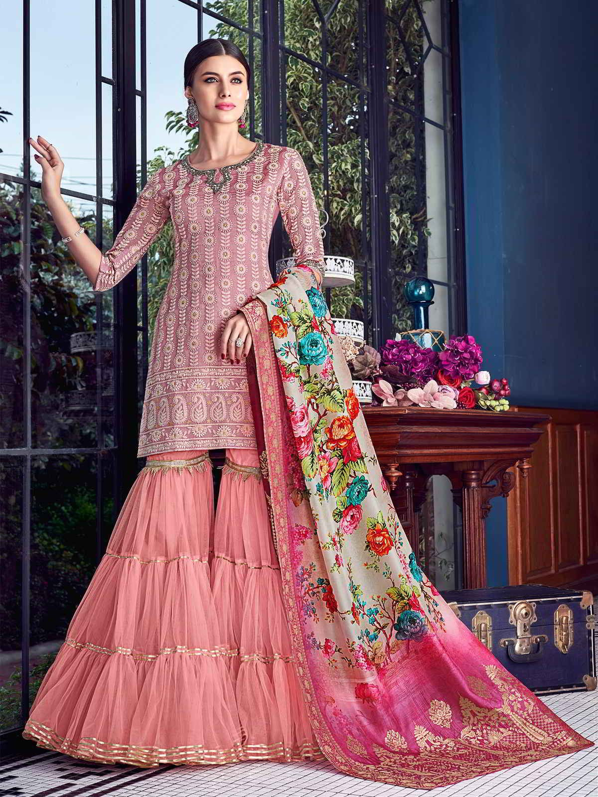 Baby Pink Lucknowi Gharara Palazzo Suit