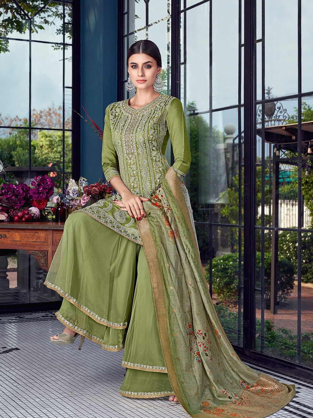 Pista Green Lucknowi Sharara Palazzo Suit