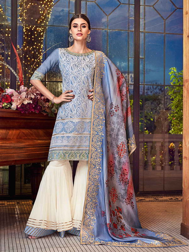 Blue Beige Lucknowi Gharara Palazzo Suit