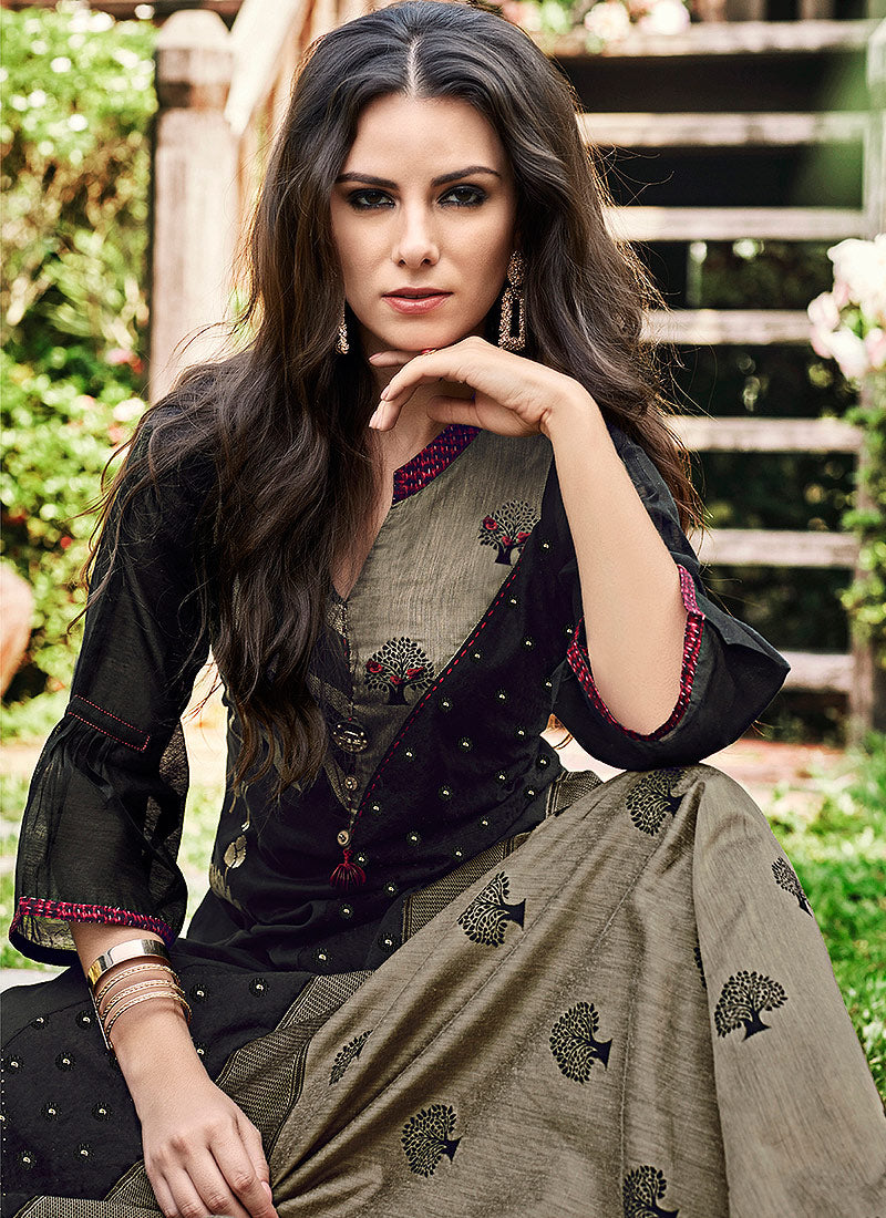 Black And Grey Printed And Embroidered Kurti