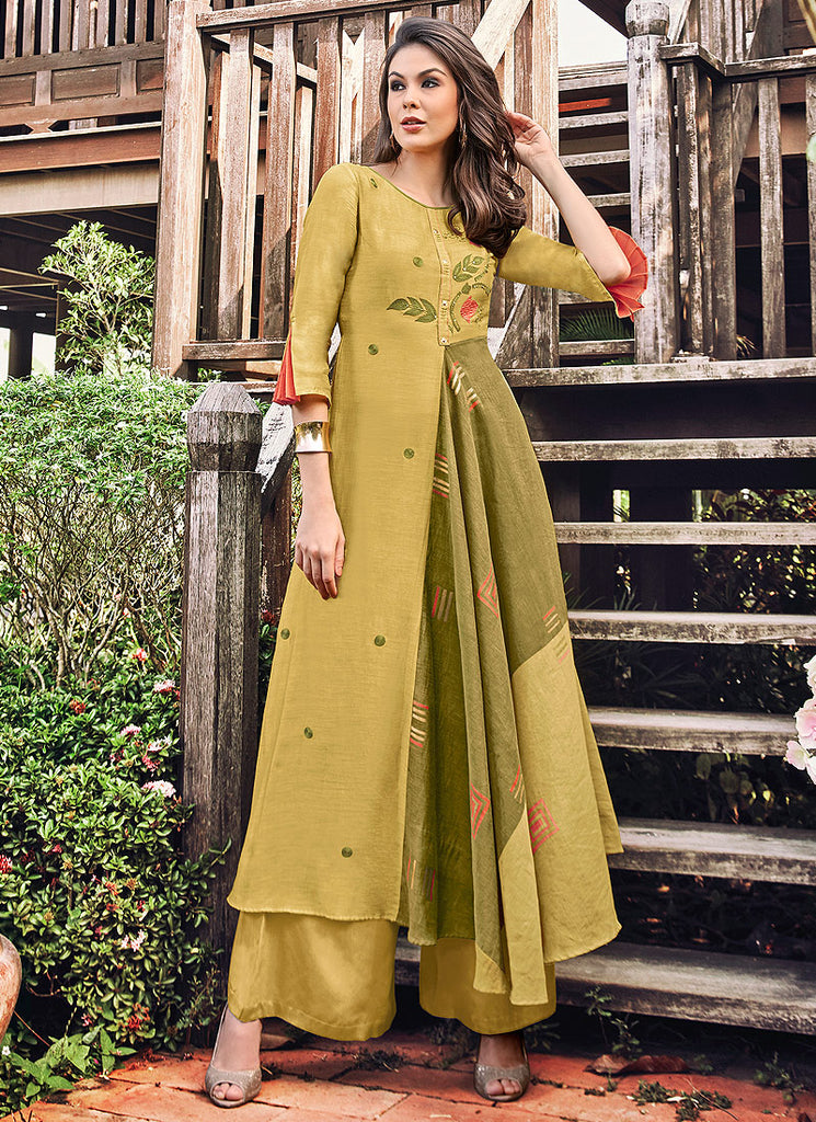 Ochre Yellow Printed And Embroidered Kurti