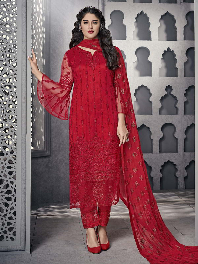 Red All Ethnic Embroidered Pakistani Pant Suit