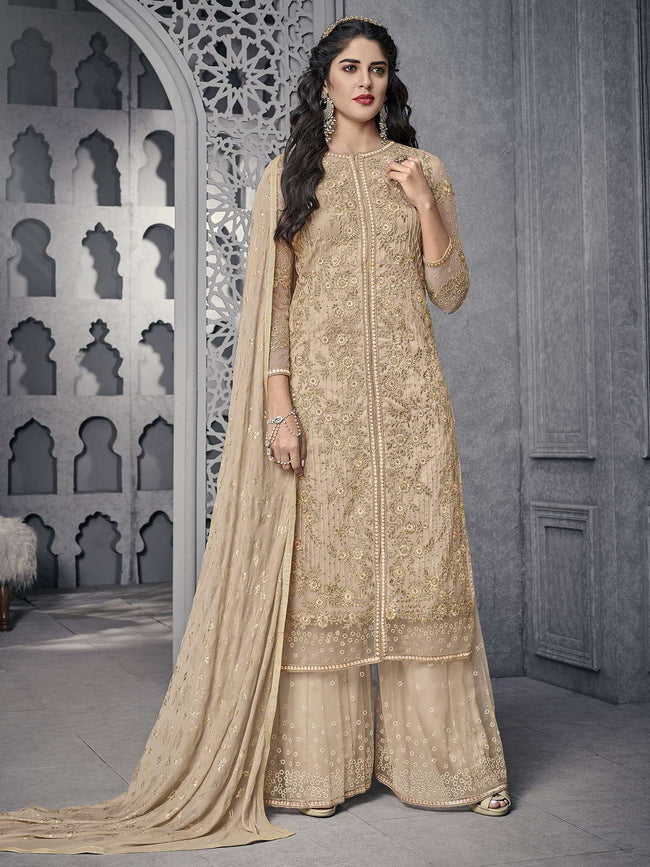 Beige All Ethnic Embroidered Pakistani Palazzo Suit