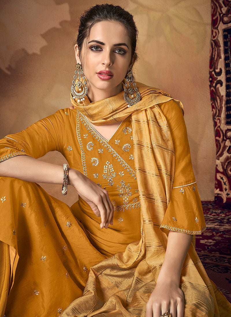 Yellow Zari Embroidered Palazzo Suit, Salwar kameez