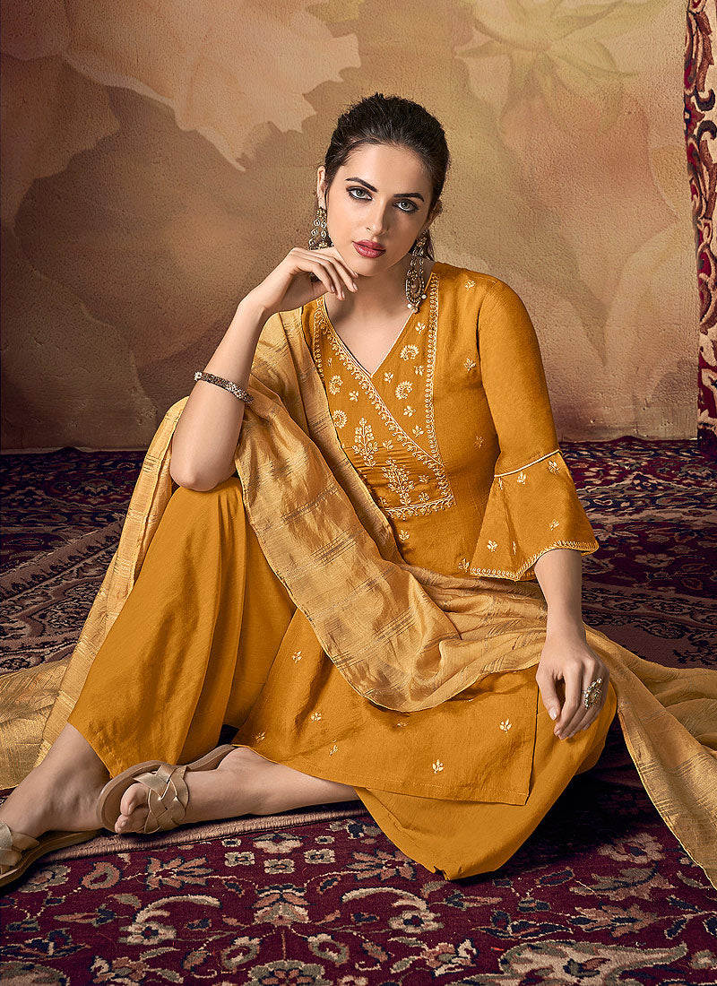 Yellow Zari Embroidered Palazzo Suit
