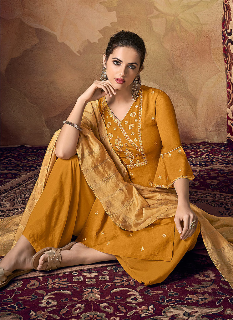 Yellow Zari Embroidered Palazzo Suit