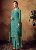 Turquoise Zari Embroidered Palazzo Suit
