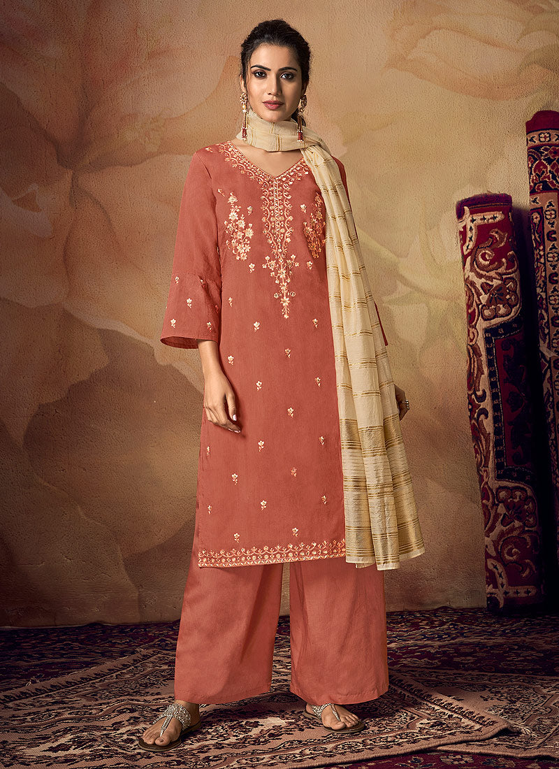 Indian Clothes - Peach And Beige Zari Embroidered Palazzo Suit
